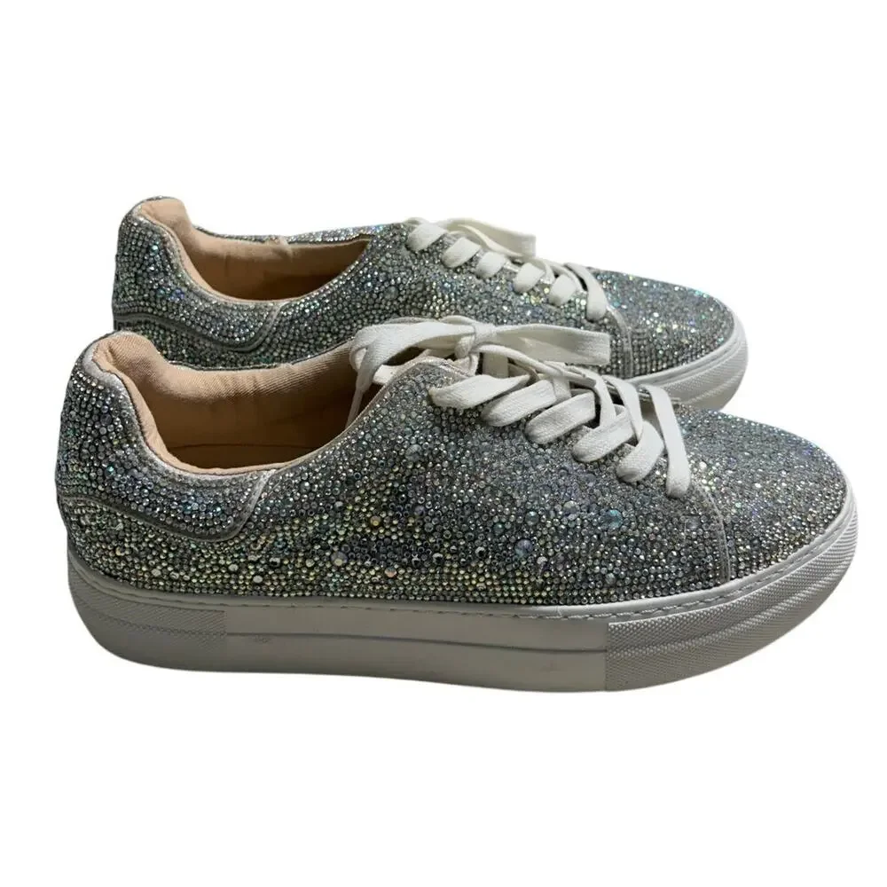 Betsey Johnson Sidny Platform Rhinestone Sneakers Women's US 9M Sparkle Silver